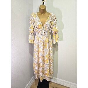Forever 21 Yellow Floral Puff Sleeve Babydoll Maxi Dress S Fairy Cottage Peasant